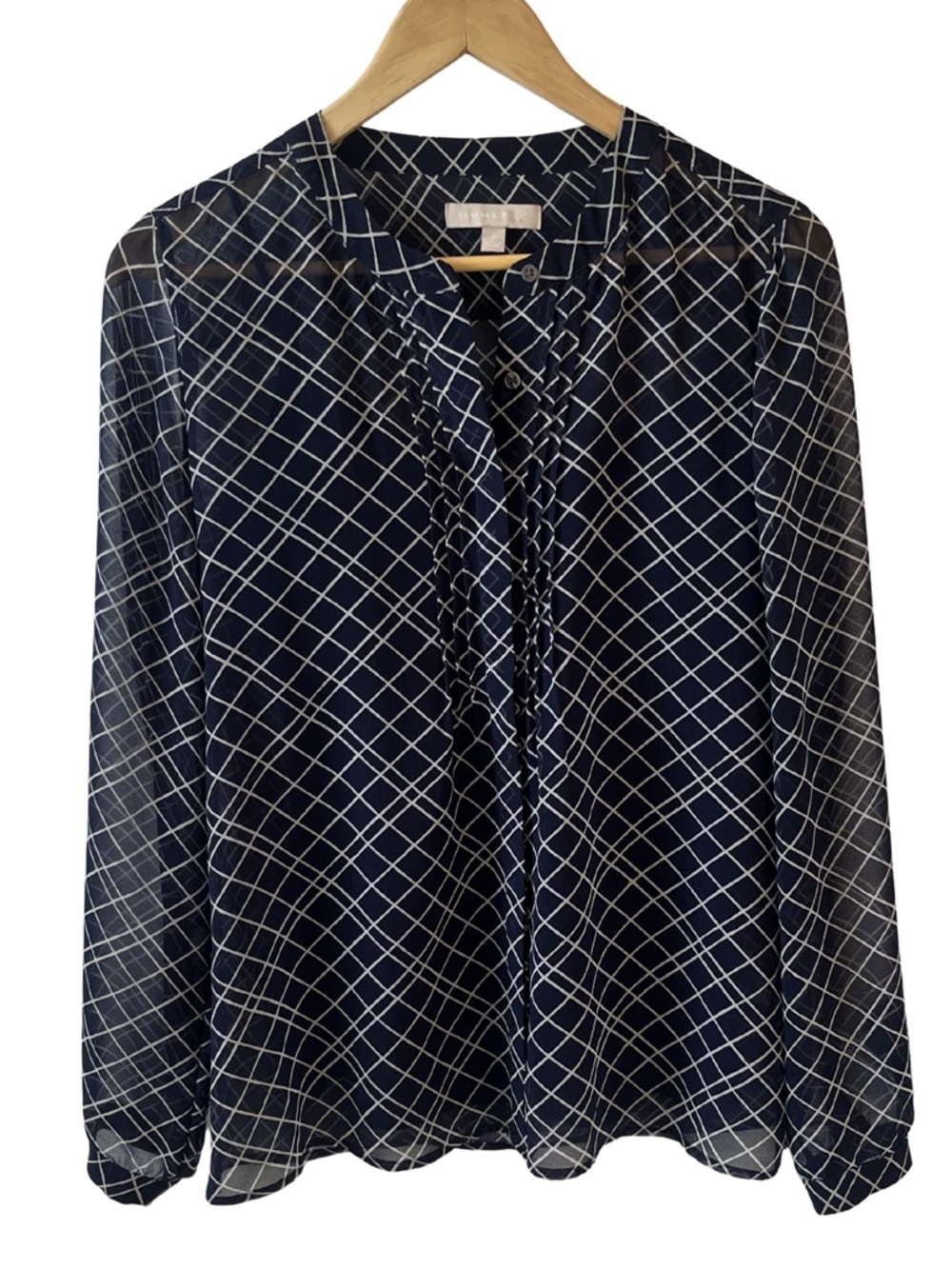 Banana Republic Sheer Navy Grid Print Blouse with Solid Navy Shell | Size Small